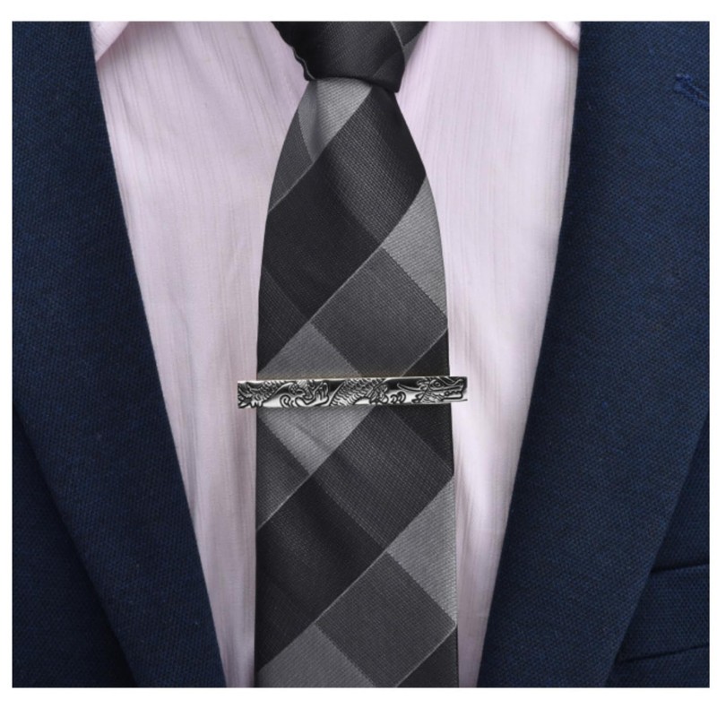 Rockyu Dragon Pattern Tie Clip, Men's, Gold & Silver, Metal,