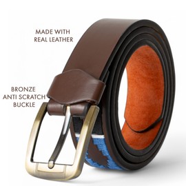 Winston Hide Leather Belts for Men, Brown and Black Embroidered Designer Mens Belt, Genuine Leather Brown Polo Belt with Classy Colourful Stitching for Mens (Navy, Large (36"-39"))