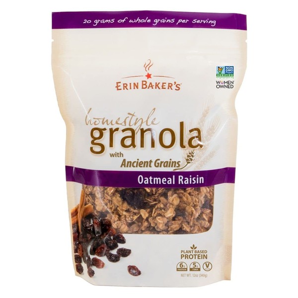 Erin Baker's Homestyle Granola, Oatmeal Raisin, Ancient Grains, Vegan, Non-GMO, Cereal, 12-ounce bags (Pack of 6)