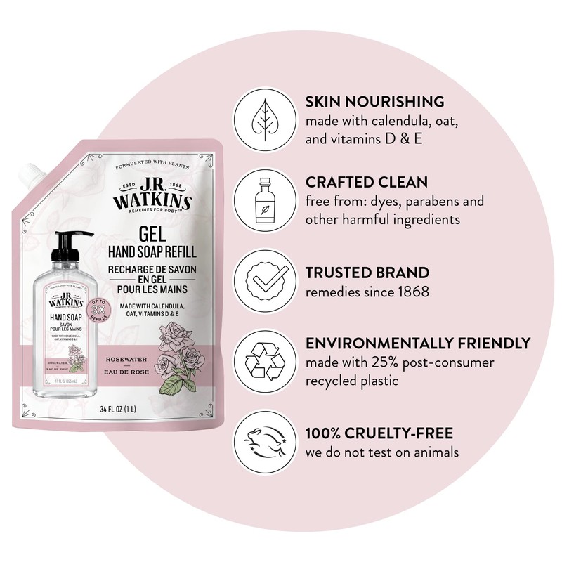 J.R. Watkins Rosewater Liquid Hand Soap Refill Pouch 1 L