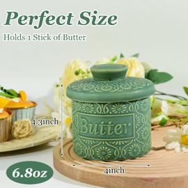 Butter Crock with Lid for Countertop，Ceramic French Butter Dish for Spreadable Soft Butter, Butter Container Holder with Water Seal, Housewarming Gift, Kitchen and Home Decor，Vintage Green
