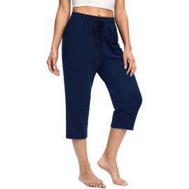 CULAYII Capris with Pocket for Women ，Lightweight Solid Soft Stretch Drawstring Waist Comfy Pants for Women Blue XL