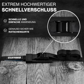 CLIFFORD Tie Down Straps - 25 mm I 0.5 m to 5.5 m I Ultra Robust I EN12195-2 I 250 kg / 500 kg Tension Strap Lashing Straps I Tie Down Strap for Bicycle Carriers, Motorcycle, Car, SUP I Fastening