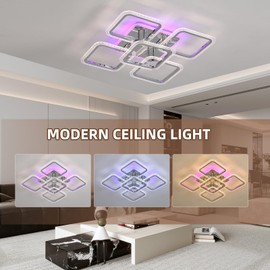 ZAITINZ Modern LED Ceiling Lights,80W Flush Mount Ceiling Light with Remote,5 Squares Dimmable Brightness, Adjustable 3000-6000K Color Temperature for Living Room,Laundry Room,Hallway,Chrome