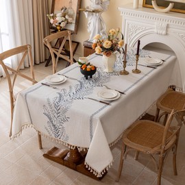 Joyfol Day Rustic Waterproof Linen Tablecloth, Heavy Weight Fern Embroidery Table Cloths for Square Tables, Farmhouse Spill-Proof Table Covers with Tassels, Blue 55''x 55''