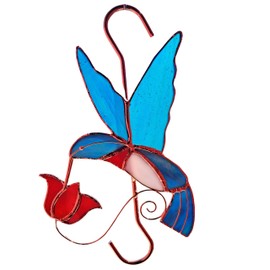 Gift Essentials Stained Glass Window Plant Hanger, Hummingbird with Red Flower, Suncatcher Plant Hook with Copper Hooks Top and Bottom for Indoor and Outdoor Use