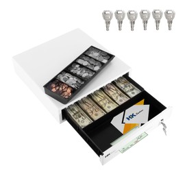 HK SYSTEMS 16inch Heavy Duty POS Cash Drawer with 5Bill/5Coin, Removable Coin Compartment, 24V, RJ11, Single Large Media Slot, White
