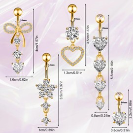 Guiqulai Belly Button Ring Gold 5 Pack Dangle Navel Belly Piercing Barbells Jewelry 14G for Women Stainless Steel