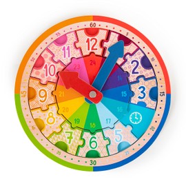 TRENDHAUS 956491 ABC Champions Wooden Learning Clock with Wooden Puzzle for Children Aged 5 Years and Above Brown