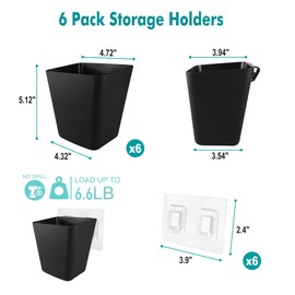 LIGHT DUST Wall Caddy Pen Holders, 6 Pack Black Large Pencil Cups Organizer for Marker/Remote/Crayon/White Board Accessories, with Adhesive Stickers, Office Home Craft Class Kids Room Art Organization