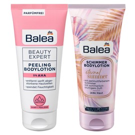 Balea 2er-Set Hautpflege: Körperlotion Beauty Expert PEELING BODYLOTION mit 5% AHA für ein glattes Hautbild (200 ml) + Schimmerlotion ETERNAL SUMMER schimmernde Sommer-Duft Bodylotion (200 ml), 400 ml