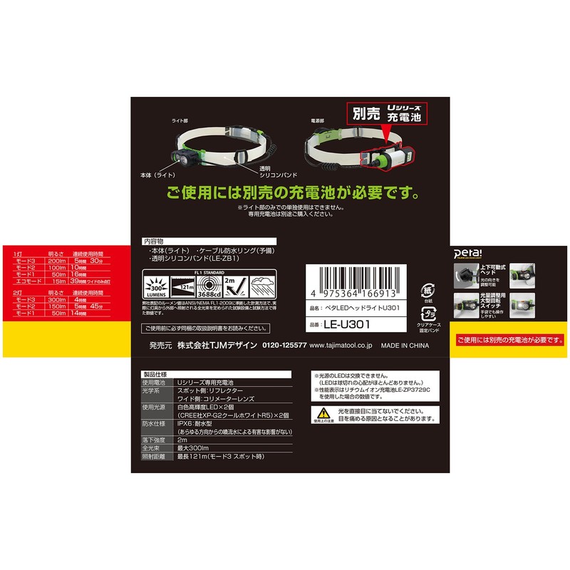 Tajima LE-U301 Peta LED Headlight U301, Brightness: Up to 300