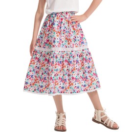 Rolanko Long Floral Skirt for Girls, Elastic High Waist Ruffle Hem, Flowing A-Line Boho Maxi Dress, Red Floral