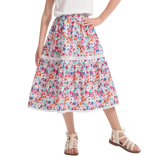 Rolanko Long Floral Skirt for Girls, Elastic High Waist Ruffle