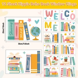 12 Sheet Welcome Boho Book Bookshelf Window Clings Back to School Classroom Window Clings Boho Inspirational Glass Decals Welcome Back to School Classroom Decorations for Home Library Wall Door Decor