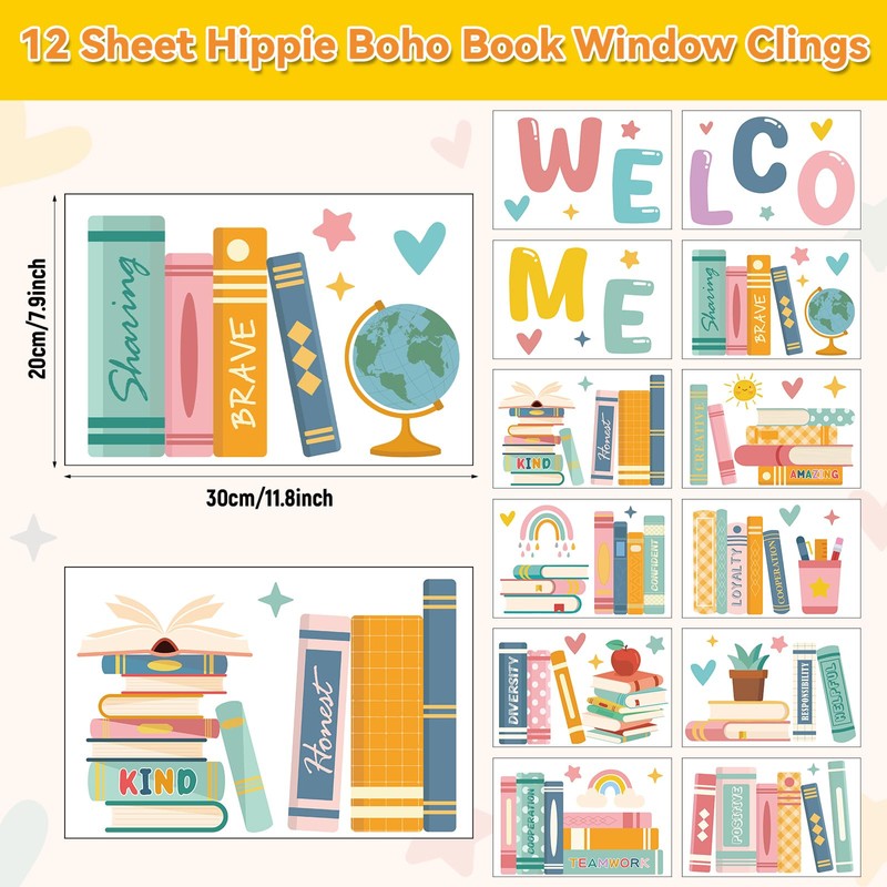 12 Sheet Welcome Boho Book Bookshelf Window Clings Back to