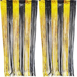 CYBERNOVA 2 Pack Fringe Curtain Backdrop two-toned, 3.2Ft x 6.6Ft Metallic Tinsel Foil Fringe Streamers Curtains Background for Wedding Birthday Anniversary Graduation Party Decoration (gold-black)