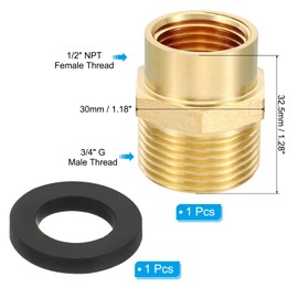 PATIKIL Brass Pipe Fitting Adapter, 2Pcs 1/2" NPT Female Thread x 3/4" G Male Thread Brass Reducer Hex Tubing Hose Connector Adaptor with Gasket for Plumbing Water Line Connection