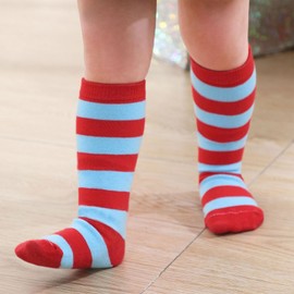 American Trends Kids Toddler Soccer Socks Knee High Tube long Three Stripes Uniform Socks for Boys Girls 1-9 years, 1 Pack Red Blue Stripes, 3-6 Years
