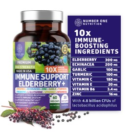 Premium 10 in 1 Immune Support Supplement [10 Potent Ingredients] with Elderberry, Vitamin C, Echinacea, Zinc and Probiotic for Immune Support, Gut Health and Better Digestion, 60 Veg Caps