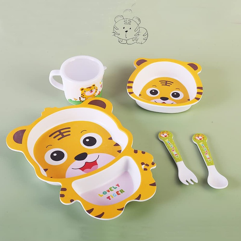 Fekdod Bamboo Kids Dinnerware Set 5 Pcs Includes Plate Bowl