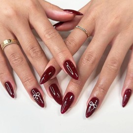 Valentine's Day Press on Nails Medium Almond Fake Nails with Bow Rhinestone Designs Glossy Glue on Nails Burgundy Acrylic Nails Valentines False Nails Full Cover Stick on Nails for Women 24Pcs