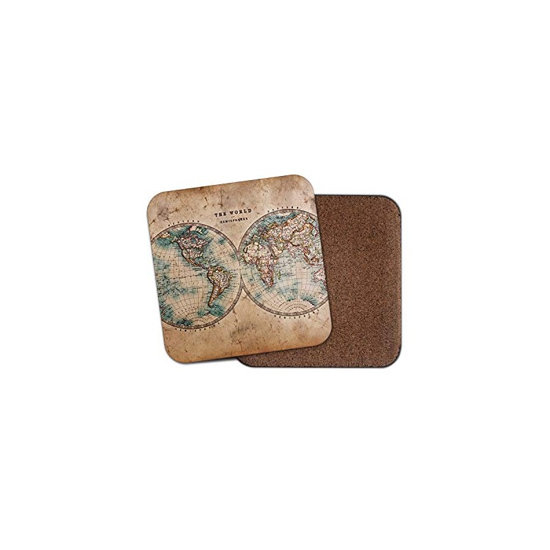 1 x Vintage World Hemispheres Map Coaster - Rustic Geography