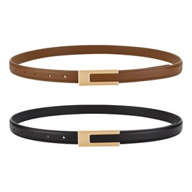 flintronic Women's Leather Belts, 2 Pcs Thin Waist Belt, Skinny Belt with Metal Buckle, Solid and Decorative Vintage Belt, Classic Slim Waist Belt, Adjustable Waistband for Jeans Dresses Suit Coat