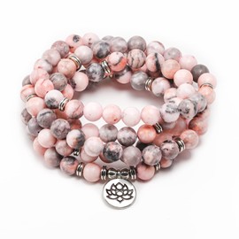 GVUSMIL 108 Mala Beads Wrap Bracelets Charm Natural Gemstone Colorful Mala Bead Bracelet(Pink Zebra Stone)