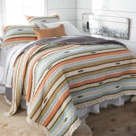 Southwest Ruffle Edged Blue, Orange, Green and Brown Stripe 3 Piece Quilt Set Size King