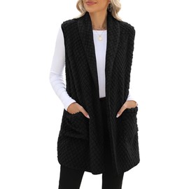 ReachMe Sherpa Vest Womens Open Front Long Vest for Women Sleeveless Fuzzy Vest with Pockets Fleece Vest Cardigan(02b Black,XL)