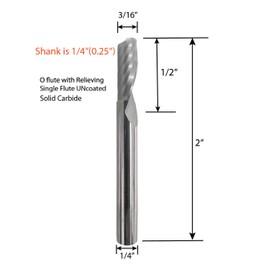 Rohit O Flute Single Flute Spiral Up Cut Solid Carbide End Mill CNC Router Bit Aluminum Acrylic Plastic Cutting 3/16" Cutting Dia x 1/2'' Cutting Length x 1/4" Shank Diameter x 2" OAL