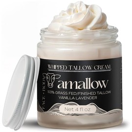 Amallow 100% Tallow de carne de res alimentada con pasto para el cuidado de la piel, cara + cuerpo, hidratante batida, loción natural, 4 onzas líquidas (lavanda vainilla)