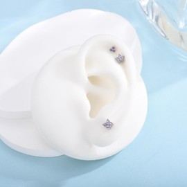 3 Pairs Sterling Silver Stud Earrings for Women Girls, Small Simulated Diamond Earring Amethyst Cubic Zirconia Flower Stud Earrings Hypoallergenic Sleeper Earrings Set for Multiple Pirercing, 3/4/5 mm