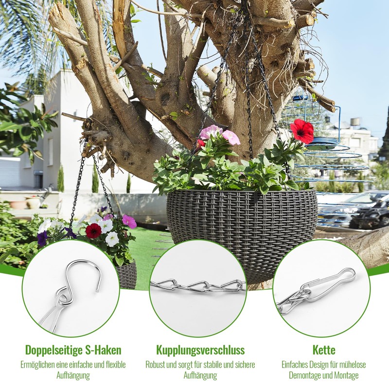 12 Stück Blumenampel-Ketten, 6 silberne und 6 schwarze, Stahlkette mit