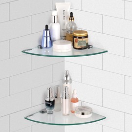Glass Corner Shower Shelves, Tempered Floating Glass Shelves Wall Mount, Shower Caddy Organizer, Bathroom Corner Shelf with Zinc Alloy Brackets for Bathroom, Kitchen, Living Room, 9.8" x 9.8", 2 Pack