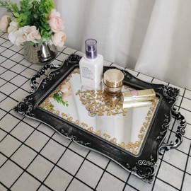 YANIZU Decorative Mirror Tray, Floral Vanity Organizer for Makeup, Jewelry, Perfume, Vintage Rectangular Display and Serving Tray for Dresser, Counter and Coffee Table, 9.5"x14.9", Silver Black