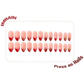 IMRAIN Red French Tip Press on Nails - Almond Medium Nude Artificial False Nails Glossy Full Cover Star Stick on Fake Nails for Women 24Pcs