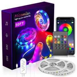 Micomlan 50ft/15M Led Strip Lights, Music Sync Color Changing RGB LED Strip Lights Built-in Mic, Bluetooth app Controlled Rope Lighting for Home Decoration Living Room Kitchen