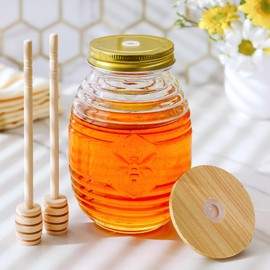Kate Aspen 24oz. Bee Hive Shaped Honey Glass Mason Jar with Two Wooden Honey Dippers, Bamboo & Metal Lid, Kitchen Decor, Bumblebee Baby Shower Prize, Take Home Gift, Bee Decorations