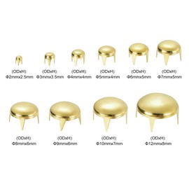 sourcing map 100Pcs Gold Round Dome Rivets, 10 Sizes Brass Spike Studs Spots Punk Rock Nailheads Claw Beads Assorted Kit for DIY Clothes Belt Bag Shoes Bracelet Leather Craft