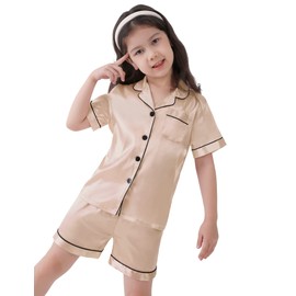 SWOMOG Silk Satin Pajamas Set Short Sleeve Button-Down PJs Two-Piece Lounge Sets Sleepwear