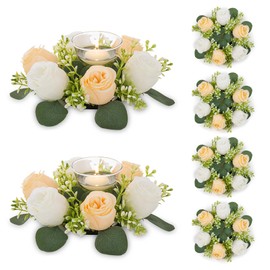 NUPTIO Small Candle Rings Wreaths - 6 Pcs 2.9 inch Inner Diam Champagne & White Fake Roses Artificial Flowers Wedding Centerpieces for Tables Spring Summer Wreath for Front Door Weddings Party Decor
