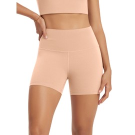 ODODOS Yoga Shorts for Women 4" High Waist Non See Through Buttery Soft Lounge Biker Shorts, Peach, Small