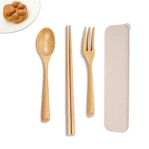 Chopsticks, Fork and Spoon, Wooden 3-piece Set, Cutlery, Natural Wooden