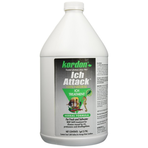 KORDON Ich-Attack Disease Inhibitor: Treats for Ich & External Fish Diseases, 100% Organic Herbal Treatment for Fresh & Saltwater, Safe for Invertebrates, Made in the USA, 1 gallon