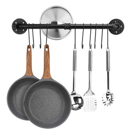 Toplife 23.7 inch Pot Rack, Kitchen Wall Mounted Detachable Pan Lid Utensils Organizer Hanging Rail with 10 Hooks, Black