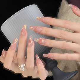 Pure Handmade Nails Press on Nail Reusable Fake Nails Golden RhineStones Bling Bling Medium Stick on Nails French Tip False Nails 10pcs (M, Q323 NAILS)