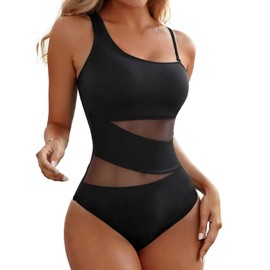 Tempt Me - Traje de baño de una pieza para mujer, de cobertura completa, con recorte de malla, traje de baño sexy con control de abdomen, Negro -, X-Large