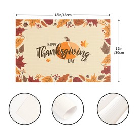 Thanksgiving Placemats Set of 4 Fall Pumpkin Maple Leaves PVC Placemats for Dining Table Waterproof Table Mats Holiday Table Decorations Yellow 12 × 18 inch